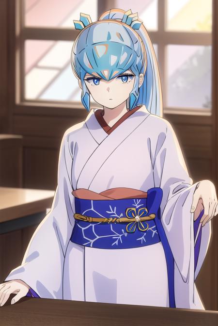 uruseiyatsuraoyuki, <lora:urusei yatsura oyuki s1-lora-nochekaiser:1>,
oyuki, long hair, blue eyes, blue hair, ponytail,
BREAK japanese clothes, kimono, sash, white kimono, obi,
BREAK indoors, classroom,
BREAK looking at viewer, (cowboy shot:1.5),
BREAK <lyco:GoodHands-beta2:1>, (masterpiece:1.2), best quality, high resolution, unity 8k wallpaper, (illustration:0.8), (beautiful detailed eyes:1.6), extremely detailed face, perfect lighting, extremely detailed CG, (perfect hands, perfect anatomy),