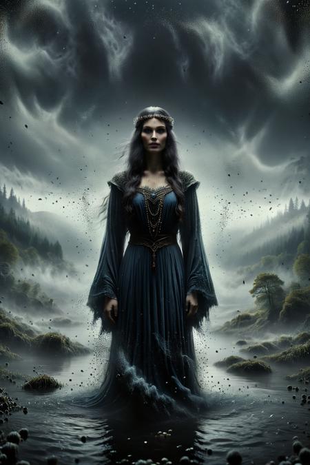 cinematic film still , Generate a dark mystical photography  capturing the legends of Avalon and the mysterious presence of Nimue, the Lady of the Lake. Emphasize the ominous atmosphere, mysterious fog, and elements of magic in this mythical setting, <lora:Dark_Particles_Style_SDXL:1> ais-darkpartz, Ultra-HD-details, true to life, HDR image, High detail resolution, high detailed cloth, cinematic lighting, realistic, sharp focus, (very detailed), ((4K HQ)), depth of field, f/1.2, Leica, 8K HDR, High contrast, bokeh, realistic shadows, vignette, epic, . shallow depth of field, vignette, highly detailed, high budget, bokeh, cinemascope, moody, epic, gorgeous, film grain, grainy