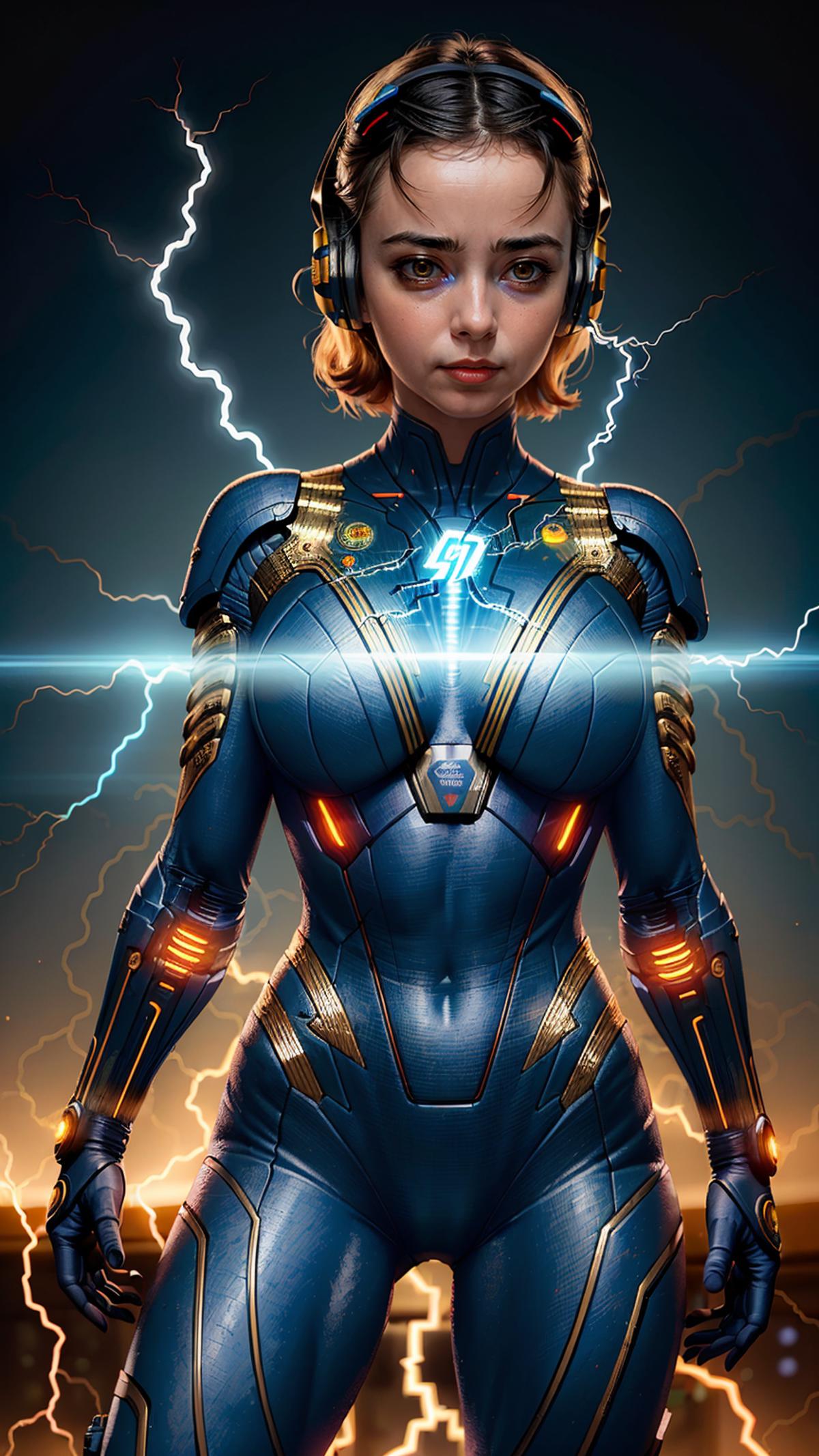 The superheroine in blue suit with lightning bolts on her chest.