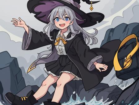 1girl, solo, long hair, looking at viewer, smile, open mouth, bangs, blue eyes, skirt, shirt, long sleeves, hat, ribbon, hair between eyes, white shirt, grey hair, :d, pleated skirt, legs, boots, frills, open clothes, collared shirt, black skirt, bag, black footwear, black headwear, witch hat, frilled skirt, robe, yellow ribbon, witch, sidesaddle, black robe, open robe, pointy footwear, <lora:Elaina_v12.0_e1_800:1>