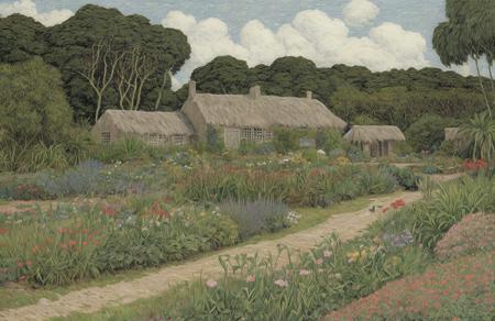 style of Henry Moret, patch ,garden ,arboretum ,hacienda ,field ,thicket , Atoll ,