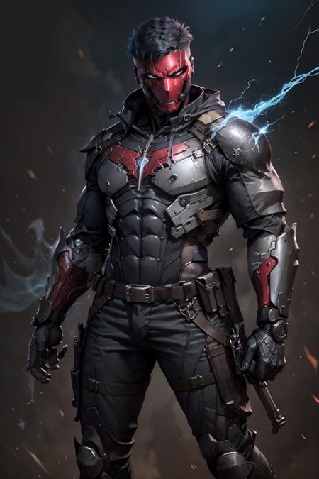 red mask white spiky hair ninja-tech suit biker jacket with high collar armor plates greaves gauntlets moto-pants combat boots