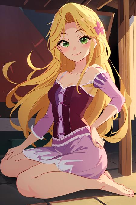 (masterpiece, best quality, high resolution:1.4), rapunzel, green eyes, (loose hair:1.2), looking at viewer, purple princess dress, barefoot,  smile, outdoors, <lora:Rapunzel_v22:1>