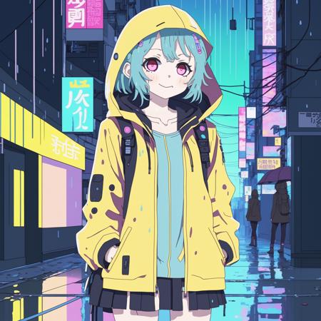 anime screencap, glint, drawing, best quality, light smile, shy, a full body of a happy girl standing in the middle of the cyberpunk city, rain, big eyes, 2d, cute,
anime girl, waifu, cel shading, magical girl, vivid colors, (outline:1.1), manga anime artstyle, masterpiece, offical wallpaper, glint
<lora:kame_sdxl_v2:1>