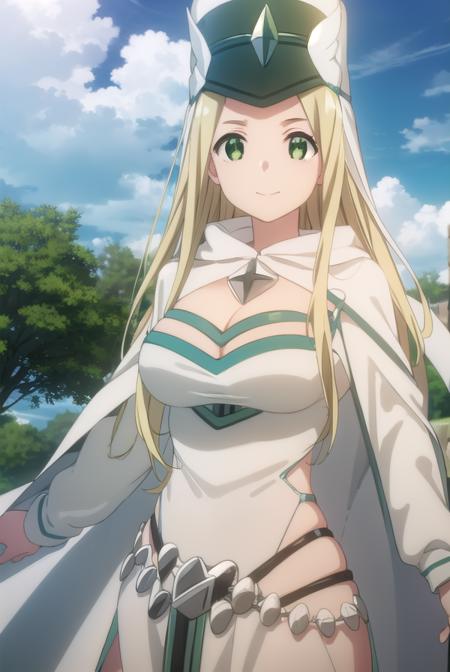 bofurimisery, <lora:bofuri misery s2-lora-nochekaiser:1>,
misery, long hair, blonde hair, (green eyes:1.5), smile,
BREAK hat, cleavage, cape, white cape, dress, white dress, long sleeves,
BREAK outdoors, forest, nature, sky, sun, clouds,
BREAK looking at viewer,
BREAK <lyco:GoodHands-beta2:1>, (masterpiece:1.2), best quality, high resolution, unity 8k wallpaper, (illustration:0.8), (beautiful detailed eyes:1.6), extremely detailed face, perfect lighting, extremely detailed CG, (perfect hands, perfect anatomy),