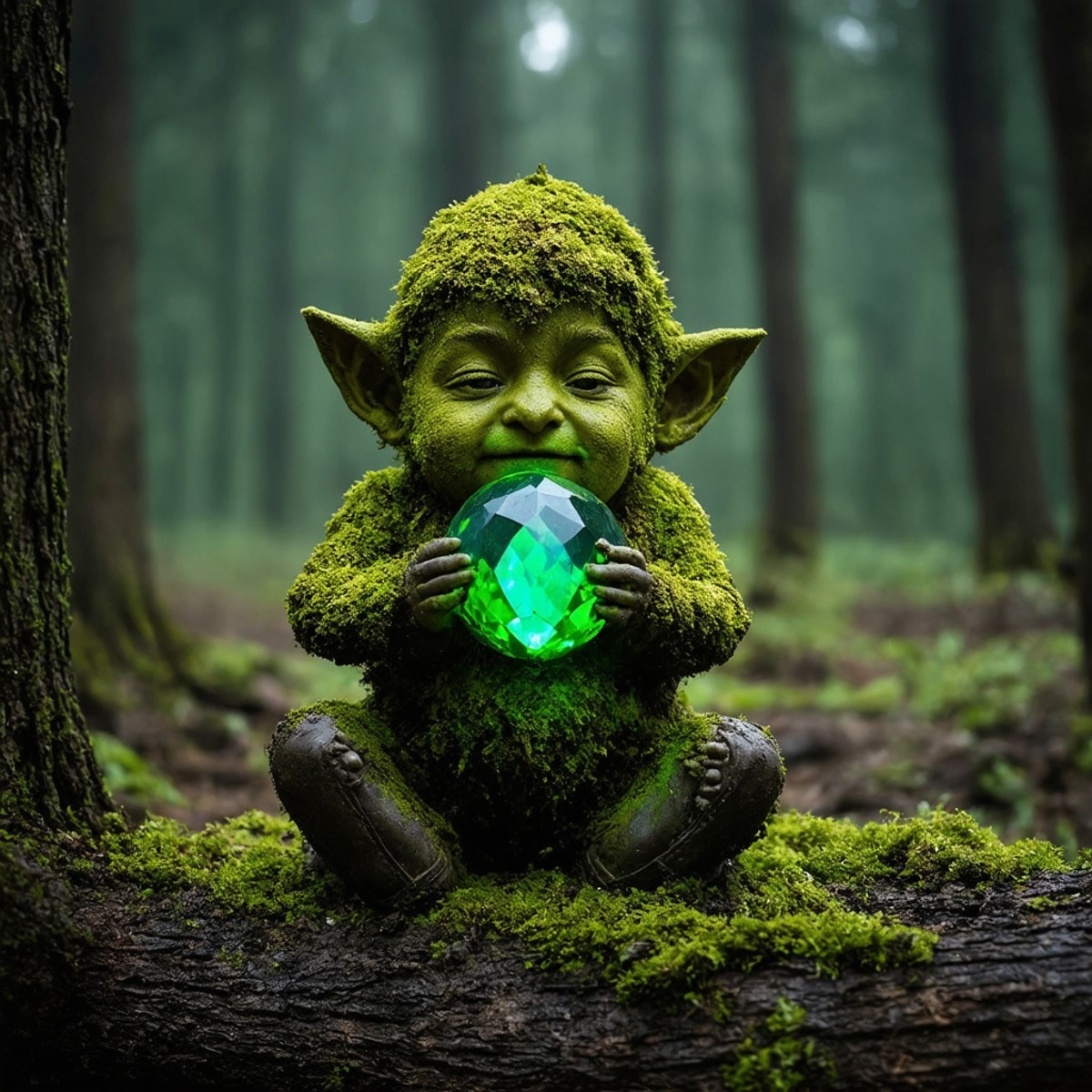 A small, moss-covered figure sitting on a fallen tree trunk in a dense forest. It is holding up a large, bright green gemstone up to its face. The figure's body blends into the surrounding moss and foliage, of the woodland environment. 
