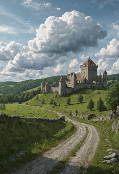 A realistic medieval germanic landscape, showing a stone castle, with medieval Germanic Gothic-Romanesque architectural style, roads that follow the natural terrain. The surrounding countryside has green fields, scattered trees, dense woods. The sky is clear with soft blue tones and large white cumulus clouds. Natural lighting, cinematic perspective, wide view, high detail, realistic medieval textures, no fantasy elements, clear separation between buildings and landscape, logical layout, geographically consistent, perspective aligned <lora:MedievalMemories_v1:1.0> <lora:DetailTweakerXL_v1:3.0>
