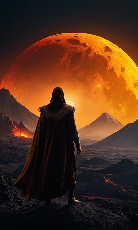 cinematic still (best qualite), (UHQ, 8k, high_resolution), Create a prompt that encourages the generation of a vivid and evocative description for an image featuring a dark, silhouetted figure standing before a volcano that erupts and creates a spectacular Arabian phoenix with the lava, accompanied by a large yellow moon in the background casting an eerie glow. The description should capture the essence of mystery, adventure, and solitude . emotional, harmonious, vignette, 4k epic detailed, shot on kodak, 35mm photo, sharp focus, high budget, cinemascope, moody, epic, gorgeous, film grain, grainy, Dark Fantasy Art, (best qualite), (UHQ, 8k, high_resolution), Create a prompt that encourages the generation of a vivid and evocative description for an image featuring a dark, silhouetted figure standing before a volcano that erupts and creates a spectacular Arabian phoenix with the lava, accompanied by a large yellow moon in the background casting an eerie glow. The description should capture the essence of mystery, adventure, and solitude, dark, moody, dark fantasy style, (best qualite), (UHQ, 8k, high_resolution), Create a prompt that encourages the generation of a vivid and evocative description for an image featuring a dark, silhouetted figure standing before a volcano that erupts and creates a spectacular Arabian phoenix with the lava, accompanied by a large yellow moon in the background casting an eerie glow. The description should capture the essence of mystery, adventure, and solitude, deep focus, intricate, elegant, highly detailed, colorful, very coherent, color, baked, vibrant, complex, amazing composition, cinematic, fine detail, stunning, epic light, beautiful, gorgeous, perfect, dynamic, flawless, incredible, creative, positive radiant colors, pure, attractive, thought, full, pretty