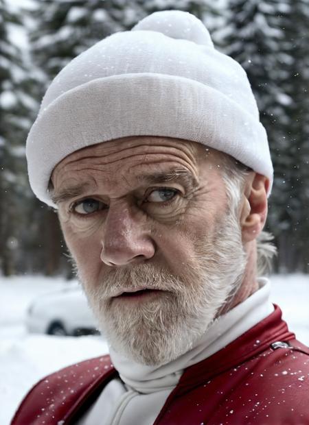 RAW photo of a sks person, sitting in outdoor car ,winter ,snowy , ((wearing cap)), (detailed face), grunge, ((visual kai)),  ((full body)), (high detailed skin:1.2), 8k uhd, dslr, soft lighting, high quality, film grain, Fujifilm XT3, <lora:locon_georgecarlin_v1_from_v1_64_32:1.25>