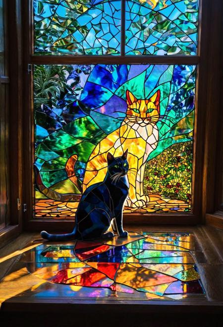 Beautiful colourful leadlight window showing images of a family of cats at play, 
sun shining through casting a shadow on thefloor, 
Broken Glass effect, 
no background, 
stunning, 
something that even doesn't exist, 
mythical being, 
energy, 
molecular, 
textures, 
iridescent and luminescent scales, 
breathtaking beauty, 
pure perfection, 
divine presence, 
unforgettable, 
impressive, 
breathtaking beauty, 
Volumetric light, 
auras, 
rays, 
vivid colors reflects