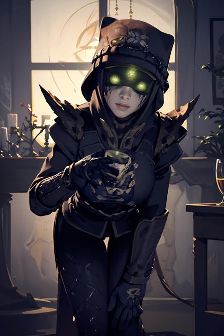 (masterpiece, best quality:1.2),  <lora:eris_morn:.9>, eris morn, solo, 1girl, breasts, large breasts, glowing, glowing eyes, armor, hood up, shoulder armor, green eyes, hood, gloves, pauldrons, smile, cup, looking at viewer, leaning forward, closed mouth, indoors, bent over