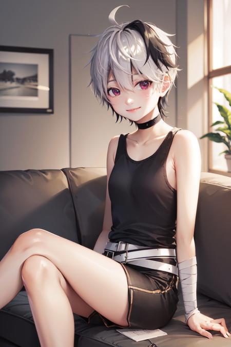 (masterpiece, best quality:1.2), <lora:vocaloid_flower-10:1>, solo, 1girl, flower \(v4\), smile, looking at viewer, sitting, crossed legs, short hair, tank top, black shorts, belt, choker, bandages, living room, sofa