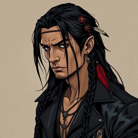 Create the image for a native american gangrel vampire, he has long black hair and now he wears dark leather jacket and also natie american decorations in his hair. Make it in a comic goth artstyle reminiscent of the Vampire the Masquerade drawings itself. Make his skin with a shade of light brown and he should have no beard.  His eyes are dark brown. He is a male vampire. Manly native american.