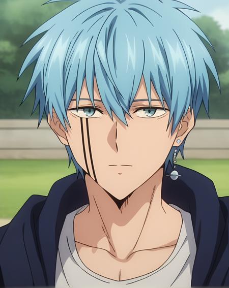 crown_lance blue hair, blue eyes, short hair, hair between eyes, bangs facial tattoo single earring