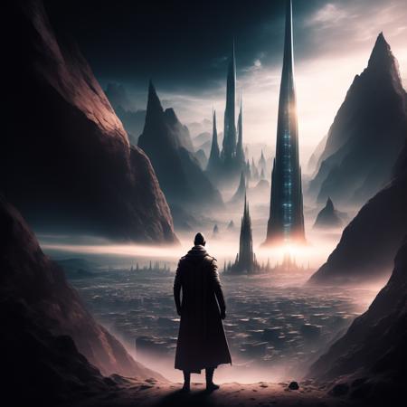 photo Epic Composition, massive scale a man stands observing the distant mega Spire city in the distance (SpireCity style:1) <lora:djzSpireCity:0.8)