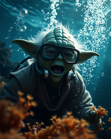 (Masterpiece, best quality, professional photo, detailed, film grain:1.2), (algae underwater, air bubbles, great depth, abyss, underwater world, underwater biosphere, (master yoda with glasses screams in underwater breathing suit, wet fur:1.2)), shimmering, complex scene, dramatic lighting, 8k, detailed, hyper realistic, (shadowplay, naturalistic lighting, specular reflections), in godlike style