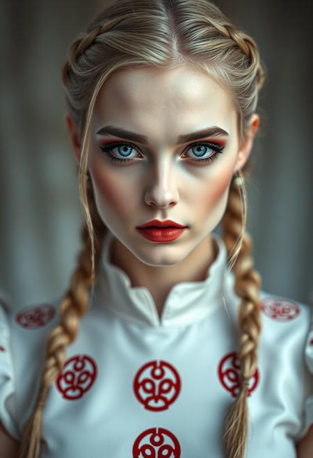 masterpieces, close-portrait, female, makeup, pale skin, blonde hair, braided hairstyle, mysterious, red black symbols on dress, glossy blue eyes,best quality,masterpiece