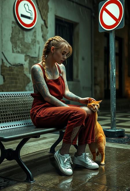 A  photograph of a goth supermodel in heavily worn red corduroy dungarees, sneakers, ripped fishnet stockings, tattoos, tattoo sleeve, braided blonde ponytail, in heavy rain with visible raindrops on her skin, sitting on a Perforated  metal bench next to a crumbling old building at night, soaking wet, wet hair, smoking, standing under a non-smoking sign with reflections of the wet ground stroking a stray ginger cat with matted fur