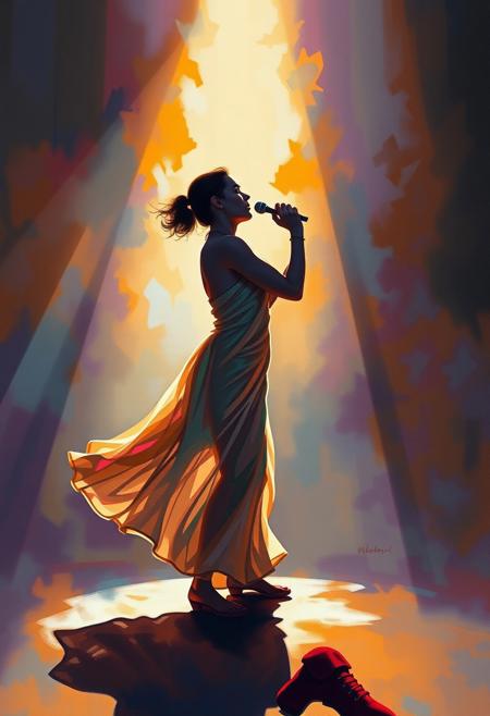 In the soft glow of the immersive environment, a dance of light and shadow plays across the figure of a musician, capturing the emotional depth of their performance. Bold outlines define their silhouette, while vibrant and stark contrasts in the soft lighting enhance the emotional intensity of the scene. This exquisite painting radiates with vibrant energy and evokes a sense of profound connection between music and movement.