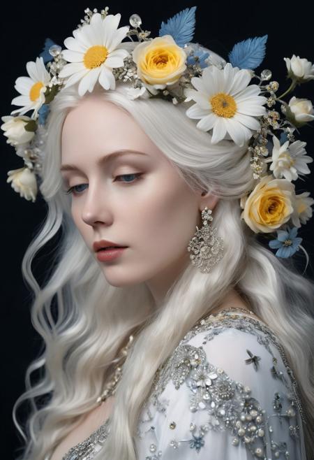 An ethereal 3D side-profile image of a woman with pale skin and flowing white hair, 
blending into an arrangement of white and yellow flowers. She wears a silver, 
jeweled headdress, 
with intricate roses and daisies woven into her hair. The background is black with scattered blue star-like accents, 
emphasizing the surreal, 
artistic atmosphere of the scene.
