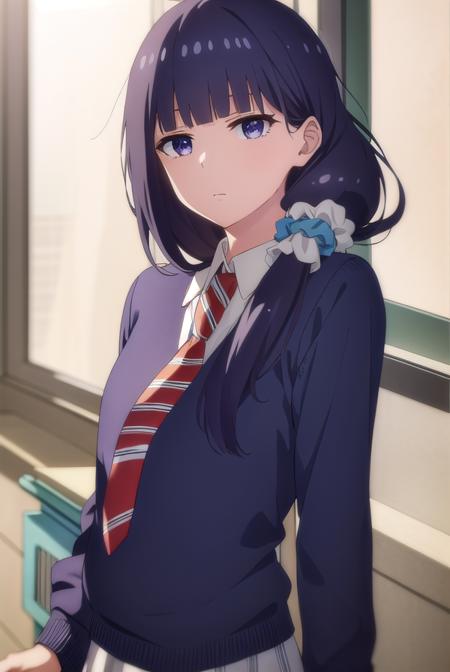 misuzugundou, <lora:misuzu gundou s1-lora-nochekaiser:1>,
misuzu gundou, long hair, bangs, black hair, hair ornament, blunt bangs, scrunchie, hair scrunchie, blue scrunchie, (purple eyes:1.1),
BREAK school uniform, necktie, sweater, red necktie,
BREAK indoors, classroom,
BREAK looking at viewer, (cowboy shot:1.5),
BREAK <lyco:GoodHands-beta2:1>, (masterpiece:1.2), best quality, high resolution, unity 8k wallpaper, (illustration:0.8), (beautiful detailed eyes:1.6), extremely detailed face, perfect lighting, extremely detailed CG, (perfect hands, perfect anatomy),