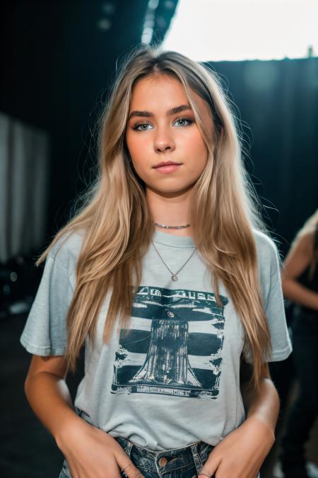 RAW photo of izacryss, Band T-shirt and distressed jeans for a rock concert, (high detailed skin:1.2), 8k uhd, dslr, soft lighting, high quality, film grain, Fujifilm XT3, <lora:izacryss:1>