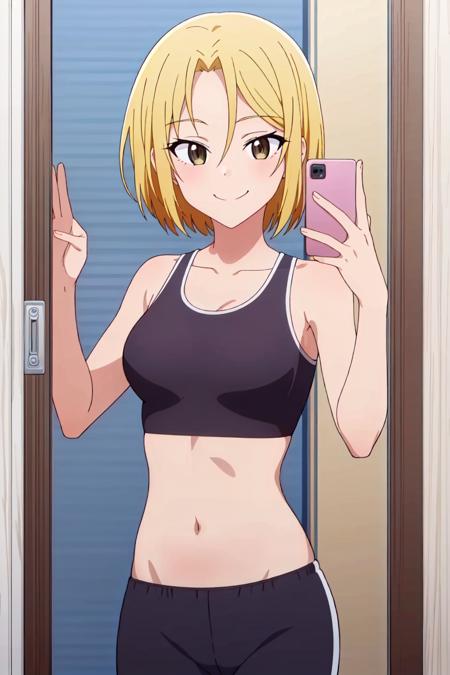 (exceptional, best aesthetic, new, newest, best quality, masterpiece, extremely detailed), <lora:Chinatsu:0.6>,Chinatsu, 1girl, blonde hair, solo, short hair, brown eyes, smile, ((perfect female body)),sports bra, gym shorts, cowboy shot,smile, <lora:MirrorSelfieLora:0.8>, anime, mirror selfie, holding phone,