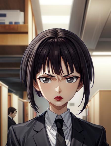 best quality, masterpiece, highres, detailed, digital artwork, <lora:Detail - add_detail:0.2>, AmamiyaRON, grey eyes, lipstick, short hair, formal, tie, black jacket, serious, <lora:Character - AmamiyaRON:0.8>, detective agency, office, upper body,