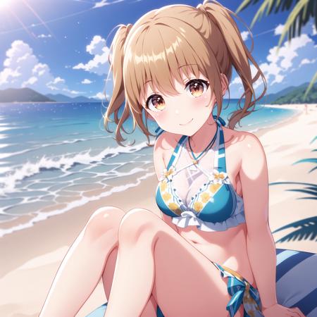 (high quality, best quality, masterpiece), 1girl, solo, kawasaki sakura, bikini, <lyco:sakura-000008:0.75>, smile, blush, sitting, knees up, beach, ocean, sky, sunrise, hdr, <lyco:GoodHands-beta2:0.75>, 4k, 8k, absurdres, detailed, absurdres, sharp