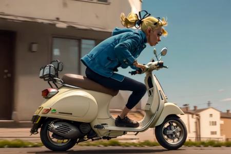 ((best quality)), ((masterpiece)), (detailed),(high-resolution:1.2), (adult woman),  action scene,
outdoor, green grass, sky, riding a white motor vehicle, white vespa scooter, (establishing shot:1.5), (side view:1.5),
Seccotine, 1girl, blonde hair, ponytail, ribbon, blue jacket, squared skirt, superspeed, incoming