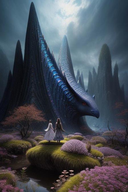 famous artwork by (igor sid:1.2) and (jae cheol park \(valentina kallias\):1.1), (dramatic scene:1.4), (fractal art:0.7), fantasy style, dynamic angle, in the twilight hours on planet niflhalla a (fantastical creature known as long-nosed necrolurd:1.2) with its avessational (shimmering scales:1.4) roams the colorful jagged rock formations lamshmarfeling the (surreal looking bogs:1.2), this (wondrous creature:1.4) blends almost seamlessly with its surreal vlorm