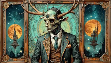Hieronymus Bosch and Alphonse Mucha illustration, of an ancient dark eyed solarpunk figure, with cyber antler antenna, in an elegant mythic suit embroidered with elaborate Art Nouveau flourishes, emerging from a sonoluminescent embryonic nebula, organic steampunk television screen, enchanting creatures, rusted machines and industrial decay  <lora:TQ_-_Newspaper_Style:1> <lora:InkArtXL_1.2:1>