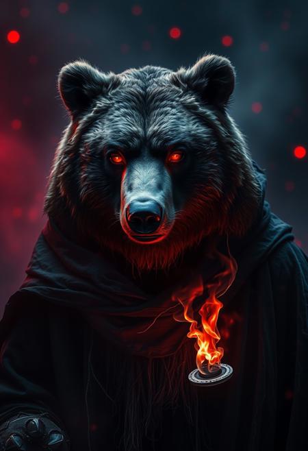 A portrait of an anthro grizzly bear wearing tattered black wizard robes, composed of dark greys and blacks, with stark accent of vivid red eyes burning like embers, all against a moody mesmerizing backdrop of swirling ghostly dark red lights. Atmospheric lightning with haze, highly detailed color graded cinematic style, shallow depth of field, highly detailed, moody, epic, outdoors, night,