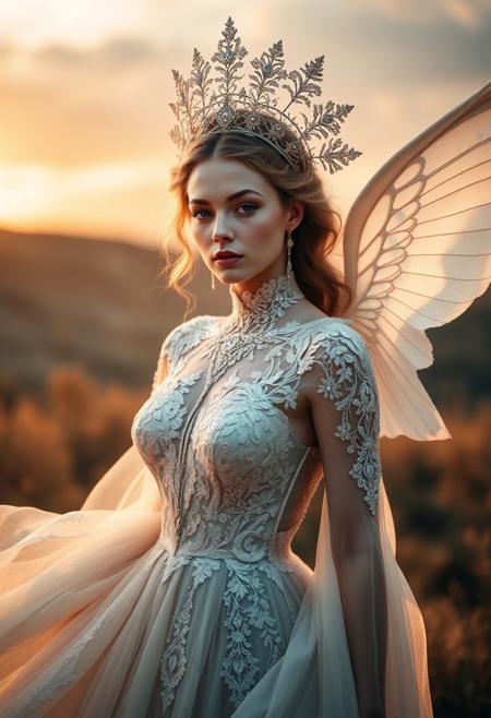 Ethereal fantasy concept art of a celestial female wearing a dress designed by Alexander McQueen with design elements including delicate lace, flowing chiffon materials, soft focus photography, golden hour lighting, photographed with Canon EOS 5D Mark IV 75mm f/2.8 by Ansel Adams, color tint Neutral Gray, ultra-detailed. Magnificent, celestial, ethereal, painterly, epic, majestic, magical, fantasy art, cover art, dreamy.