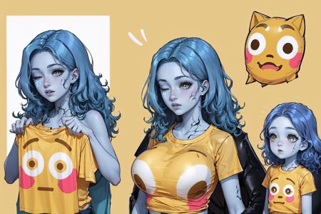 High Quality, Masterpiece, incrsemojishirt, 1girl, multiple views, yellow shirt, <lora:FlushedEmojiShirt:1>, Ranni, wavy hair, colored skin, blue skin, cracked skin, extra arms, extra faces, <lora:Char_EldenRing_Ranni:0.9>, (large breasts:1.2), one eye closed,