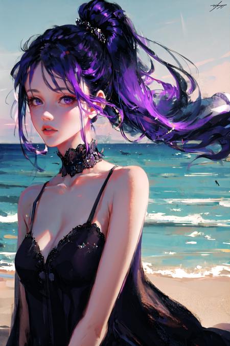 <lora:wlpstyl-000009:1>, wlpstyl, 1girl, looking to the side, black dress, purple eyes, purple hair, (upper body:1.2), beach, close-up, high ponytail, very long hair, floating hair, dramatic background,