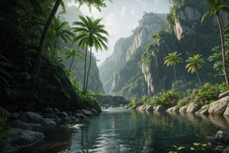 unreal engine 5 render,jungle,river,flowers,extremely detailed,stream,(waterfall:0.1),