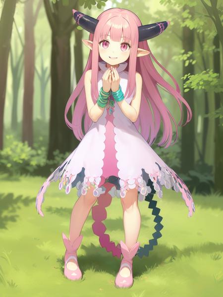 <lora:milleaf:1> milleaf, 1girl, solo, pink hair, long hair, horns, tail, pointy ears, pink eyes, smile,  shoes, dress, full body, jewelry,  bracelet, own hands together,
forest,