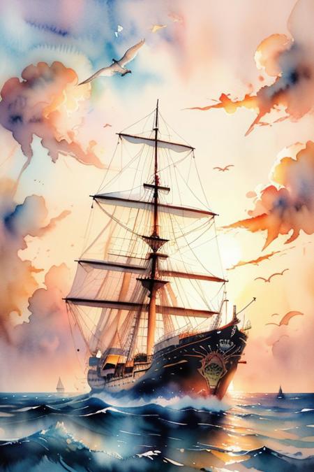 Hyper-quality, 16k hyper-detailed, extremely complex, hyper-maximalist, watercolor, ink, sailing ship (sharp focus :1.3) in the background Absolutely mesmerizing sunset with a mixture of orange, red, pink and yellow in the sky. The water is crystal clear. The scene is dynamic and exciting, seagulls soar high in the air, gently swaying