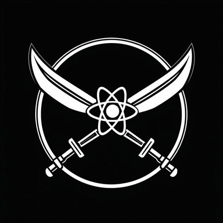(stylized logo, emblem, vector art), (symbol of a crossed swords with an image of an atom in the center), (solid colors, thick-linework), white outline, black background, 
crossed swords with the emblem of the atom symbol white in the center, heraldic, black background, HDR, UHD,