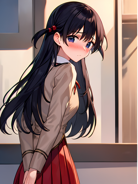 (exceptional, best aesthetic, new, newest, best quality, masterpiece, extremely detailed), 1girl, solo, tsukamototenma, full-face_blush, embarrassed, looking_back, school_uniform, red_skirt, looking_at_viewer, (from_behind:1.2)