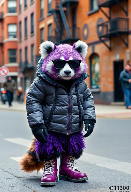 street photography of a purple and white panda wearing boots, a down jacket, and sunglasses, a surreal street scene, and urban brick buildings in the background