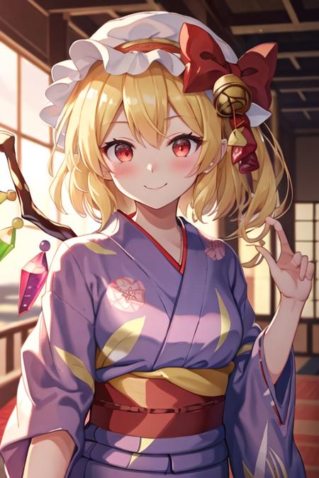 best quality, masterpiece, highres, solo, {yukata:1.40}, {kimono:1.20}, {flandre_scarlet_touhou:1.15}, blonde_hair, wings, red_eyes, crystal, bangs, hat, one_side_up, ribbon, mob_cap, bow, blush, smile, vest, white_headwear, red_vest, ascot, hair_between_eyes, red_bow, red_ribbon, upper_body, hat_ribbon, yellow_ascot, short_hair