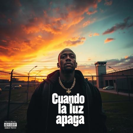 rock album cover for a melancholic rock about prison life, prison yard, dramatic sunset, view from below, rapper looking determined, album title "Cuando la luz se apaga"