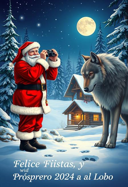 A photorealistic Realistic image. In the center, Santa Claus, dressed in his traditional red suit with white trim, is standing looking through binoculars and has a good telephoto camera hanging,around his neck.
. To his right, a large, furry, gray and white wolf leans forward and also looks at his paw prints. The background is a snowy forest scene with tall snow-covered evergreen trees and a cozy wooden cabin with a lighted window visible through the trees. The sky is a deep blue with a full moon and stars, and snowflakes are falling gently.. The text at the bottom says "Felices Fiestas y Próspero 2024 al Lobo ." The illustration is detailed and vibrant, capturing the festive spirit of the Christmas season.