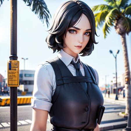 ((a woman standing on a busstop, looking at viewer, palms in background, upper body))<lora:MarigoldLoRA:0.7> marigold, with, scar on eye, uniform:0.5, beautiful eyes, beautiful girl, high detail skin, high detail eyes, high detail hair, highres, ultra detailed,  detailed reflective shiny skin, diffused skin pores, sharpen picture, Highly detailed, masterpiece, best quality,