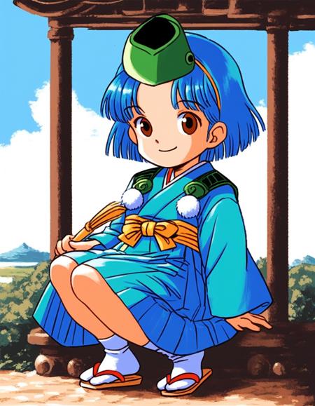 Kuku_Low_Tam, 1boy, solo, blue hair, short hair, hat, bangs, brown eyes, hairband, hair ornament, child, pom pom (clothes), long sleeves, japanese clothes,