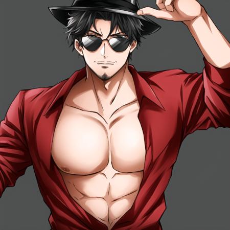 masterpiece, high quality, masculine male, muscular male, amayado rei, heterochromia, black hair, large pectorals, male pectoral cleavage, red collared shirt, jacket, fedora, sunglasses