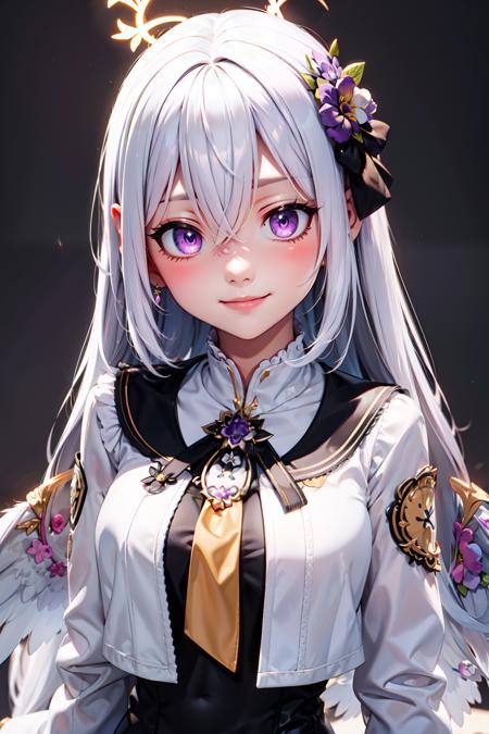  zzAzusa, purple eyes, white hair, long hair, halo, hair ornament black sailor collar, white jacket, black dress 