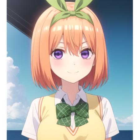 ((masterpiece)),(best quality),official art,extremely detailed CG,unity 8k wallpaper,ultra detailed,A lighthouse on a cliff by the sea,1girl,solo,upper body,(portrait:1.2),white_shirt,smile,green_ribbon,bangs,pleated_skirt,green_skirt,short_sleeves,yellow_sweater_vest,hair_ribbon,collared_shirt,blush,green_bow,hair_between_eyes,orange_hair,purple_eyes,eyebrows_hidden_by_hair,looking_at_viewer,school_uniform,v-shaped_eyebrows,medium breasts,short_hair,<lora:Nakano Yotsuba(tqq)>,